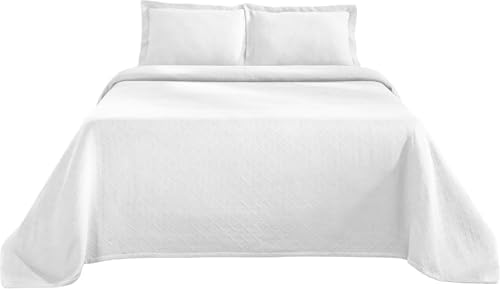 Superior 3 Piece Basketweave Cotton Bedspread Set Queen White