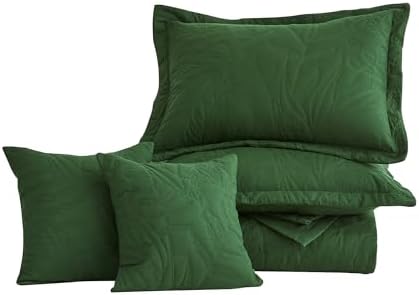 HZ HY Botanical Queen Bedspread Set Leaves Pattern Reversible 5 Piece Olive Green