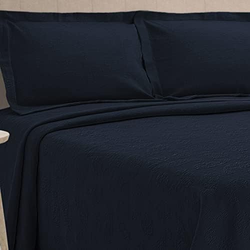 BLUENILEMILLS Oversized Paisley Cotton Bedspread Jacquard Weave Navy Blue King Size