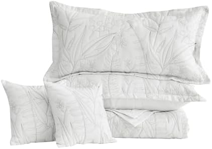 HZ HY Leaves Pattern Queen Bedspread Set Reversible Lightweight 5 Piece White