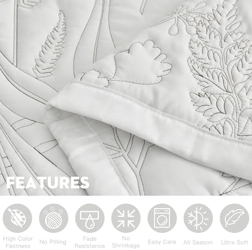 HZ HY Leaves Pattern Queen Bedspread Set Reversible Lightweight 5 Piece White