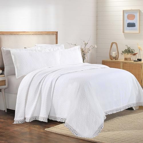 Superior Remi Cotton Blend Bedspread Set 2 Piece Geometric Fringe White