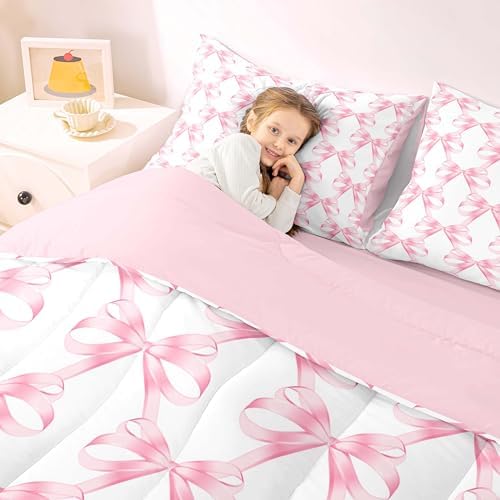 Feelyou 7-Piece Pink Bow Comforter Set for Girls