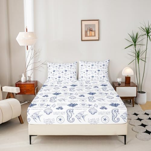 Coastal King Size Sheet Set with Seashell Print