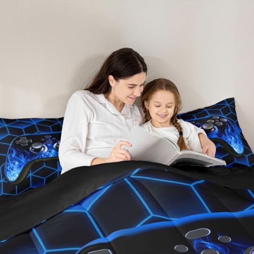 Erosebridal Blue Gaming Comforter Set - Neon Geometry Kids Bedding for Boys