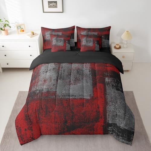 Erosebridal 7 Piece King Comforter Set with Red Black Grey Ombre Design