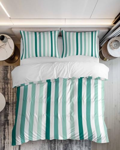 ZOE GARDEN Green Stripe Queen Duvet Cover Set 3 Piece 1