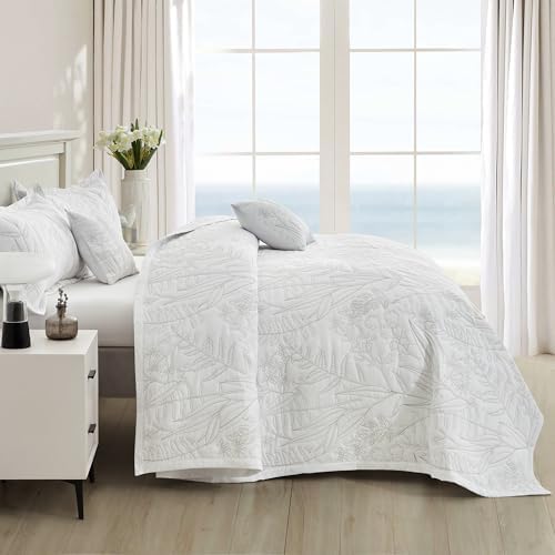 HZ HY Leaves Pattern Queen Bedspread Set Reversible Lightweight 5 Piece White