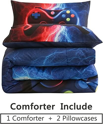 Gamer Gamepad Comforter Set for Boys Red-Blue Lightning Design