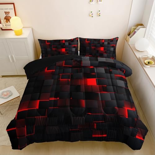 Neon Red Black Kids Comforter Set 3PCS Geometric Honeycomb Bedding