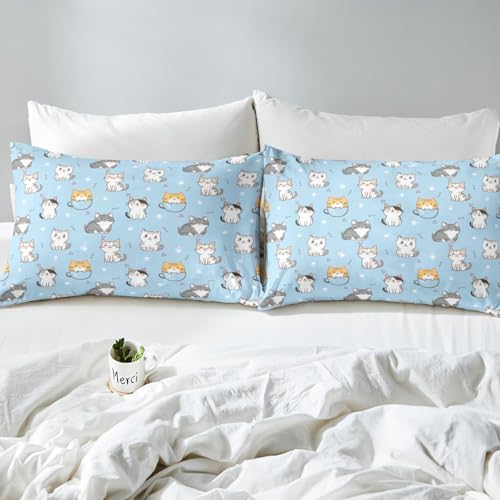 Kawaii Animal Duvet Cover Set Twin Blue Cat