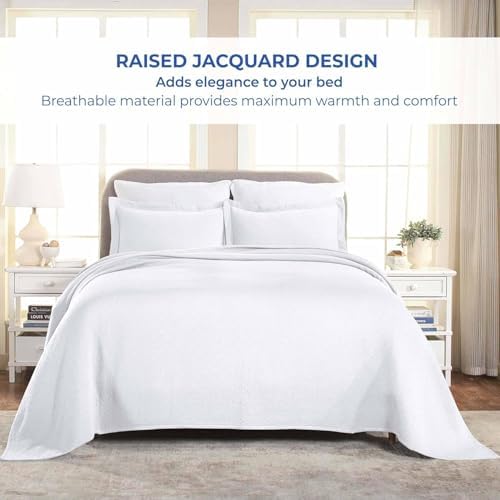 Superior 3 Piece Basketweave Cotton Bedspread Set Queen White