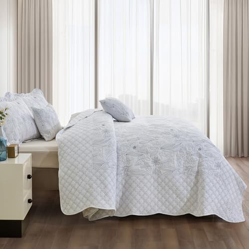 CHIXIN Botanical Bedspread Set - Full Size Leaves Pattern 4 Piece White