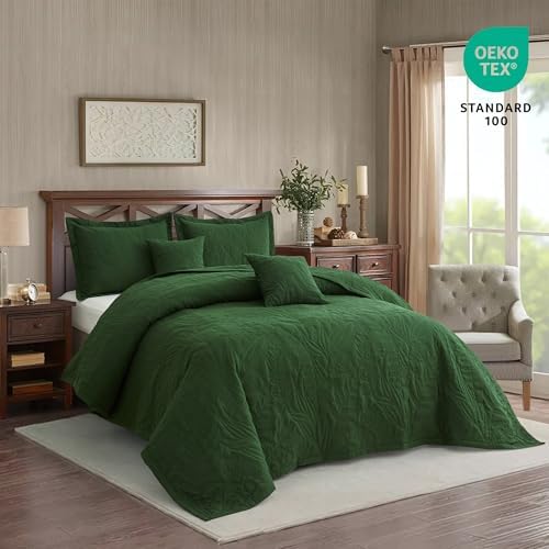HZ HY Botanical Queen Bedspread Set Leaves Pattern Reversible 5 Piece Olive Green