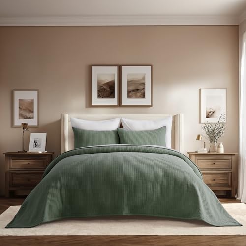 Evergracehome Cotton Gauze Queen Bedspread Set with 2 Shams Olive Green