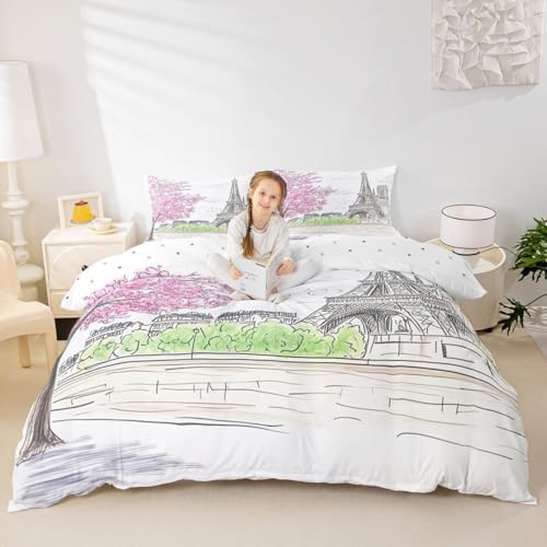 jejeloiu Paris Themed Duvet Cover Set