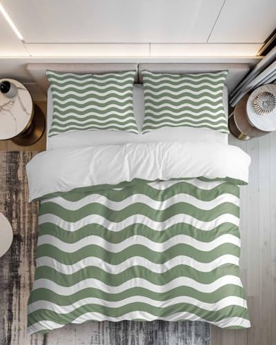 ZOE GARDEN Sage Green Striped Queen Duvet Cover Set