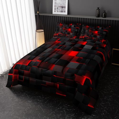 Neon Red Black Kids Comforter Set 3PCS Geometric Honeycomb Bedding