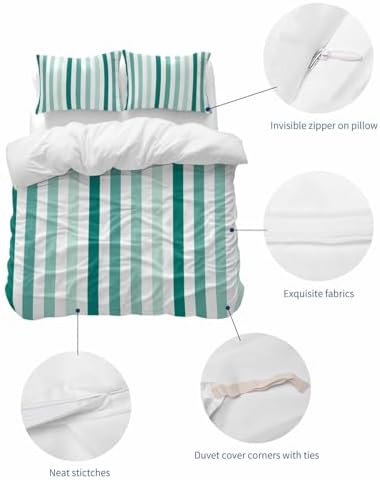ZOE GARDEN Green Stripe Queen Duvet Cover Set 3 Piece 1