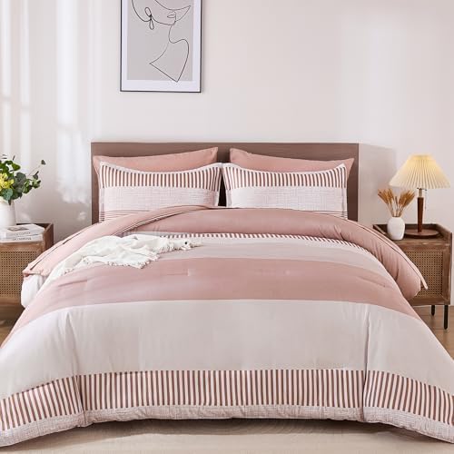 Pink Comforter Set Queen Size Striped Bedding