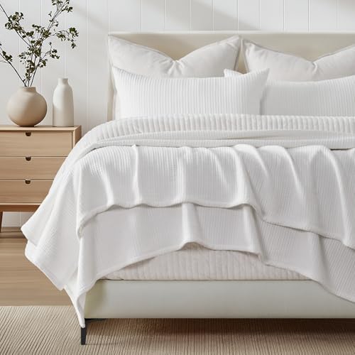 EVERGRACEHOME Cotton Gauze Queen Bedspread Set with 2 Shams Ivory White