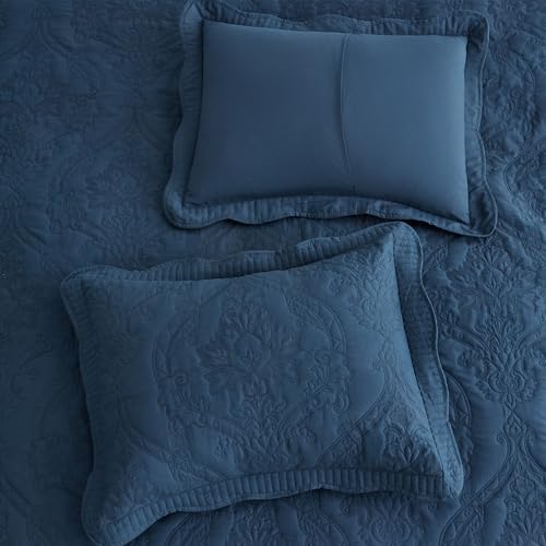 CHIXIN Oversized King Bedspread Set - Navy Damask Paisley Pattern