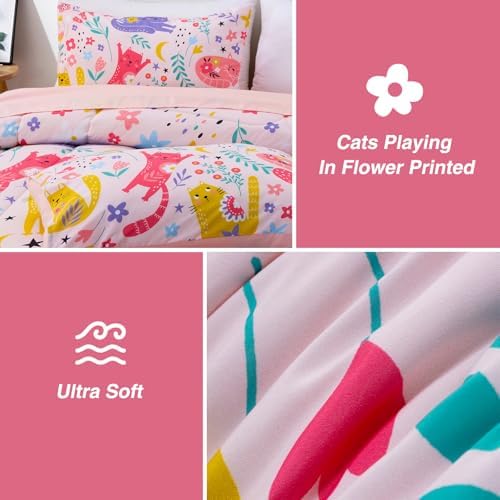 A Nice Night - Kids Boys Floral Cats Bedding Set 5Pcs