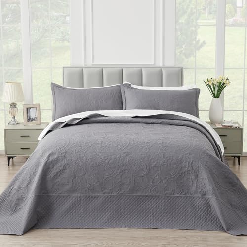 Suchbed California King Bedspread Set 128x120 Grey Paisley Quilt