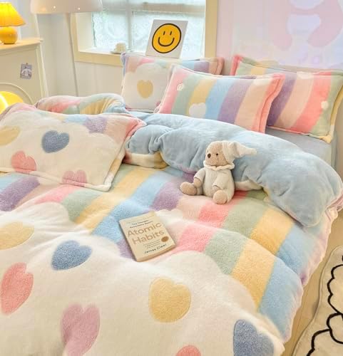 Kawaii Rainbow Heart Duvet Cover Set for Kids