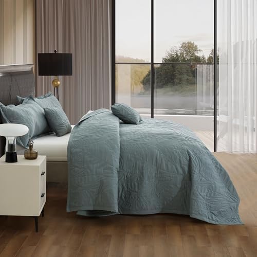 HZ HY Leaves Pattern Oversized King Bedspread Set Grey