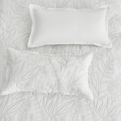 HZ HY Leaves Pattern Queen Bedspread Set Reversible Lightweight 5 Piece White