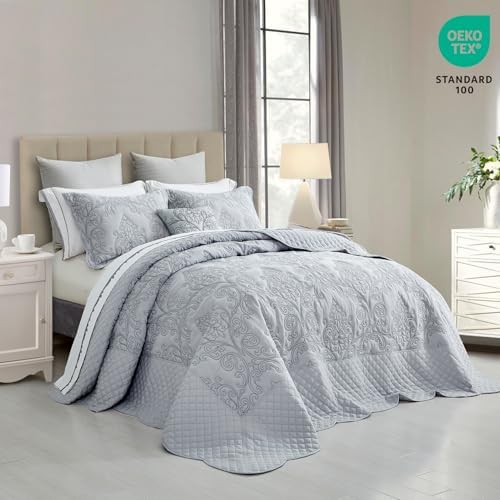 CHIXIN Full Size Bedspread Set - Damask Paisley Pattern 4-Piece Reversible