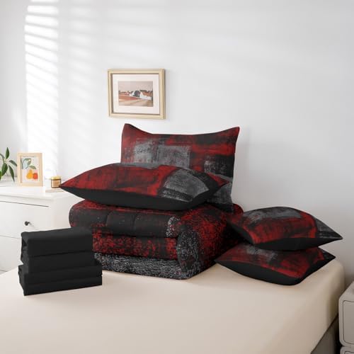 Erosebridal 7 Piece King Comforter Set with Red Black Grey Ombre Design