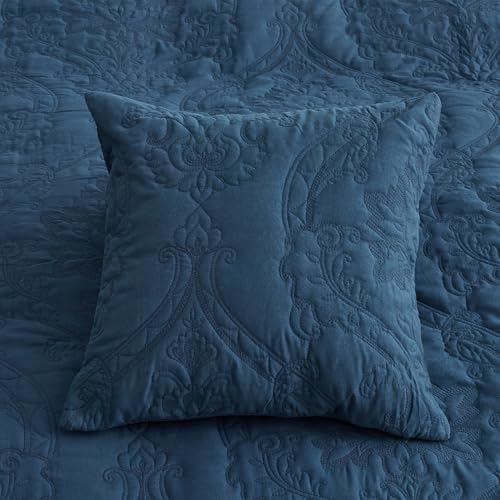 CHIXIN Oversized King Bedspread Set - Navy Damask Paisley Pattern