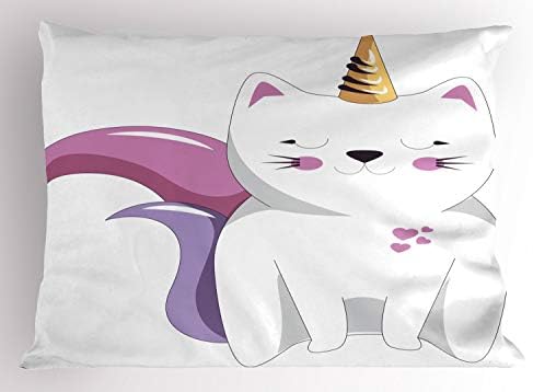 Ambesonne Unicorn Cat Pillow Sham 26x20 Pale Pink Orange Lilac