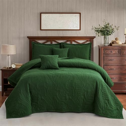 HZ HY Botanical Queen Bedspread Set Leaves Pattern Reversible 5 Piece Olive Green