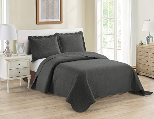 Home Collection 3pc King Cal King Bedspread Set Luxury Embossed Light Weight Charcoal
