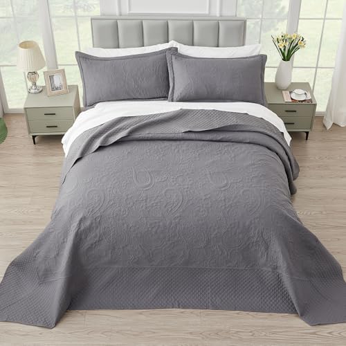 Suchbed California King Bedspread Set 128x120 Grey Paisley Quilt