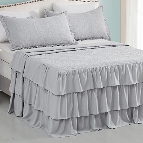 CHIXIN Ruffle Skirt Bedspread King Size - Light Grey 3 Piece Set