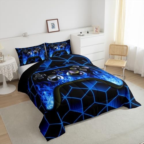 Erosebridal Blue Gaming Comforter Set - Neon Geometry Kids Bedding for Boys