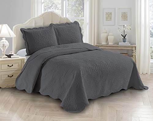 Fancy Linen 3pc Embossed Coverlet Bedspread Set Solid Floral Daisy Pattern Charcoal