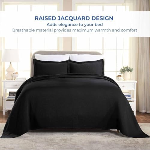 Superior 3 Piece Basketweave Cotton Bedspread Set Full Black