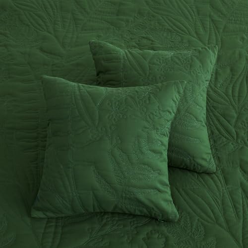 HZ HY Botanical Queen Bedspread Set Leaves Pattern Reversible 5 Piece Olive Green