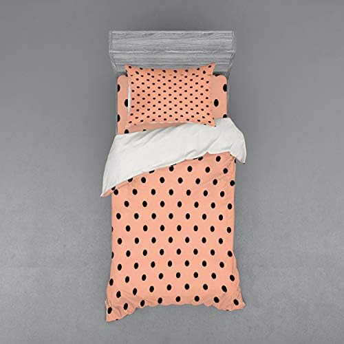 Ambesonne Peach Duvet Cover Set with Black Polka Dots