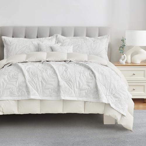 HZ HY Leaves Pattern Queen Bedspread Set Reversible Lightweight 5 Piece White