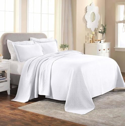 Superior 3 Piece Basketweave Cotton Bedspread Set Queen White