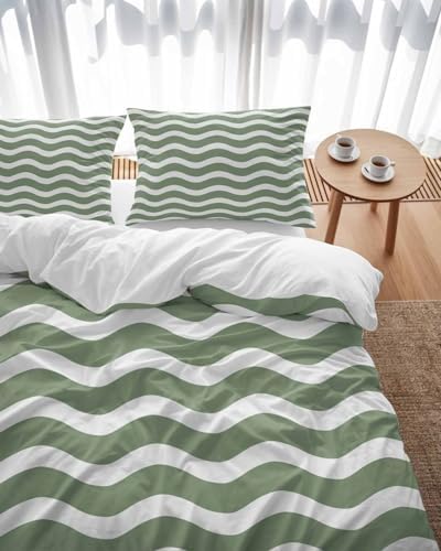 ZOE GARDEN Sage Green Striped Queen Duvet Cover Set