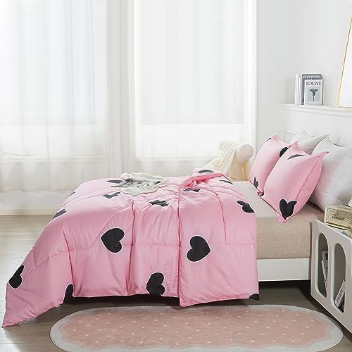 Caressma Love Heart Pink Queen Comforter Set 3 Pieces