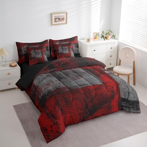 Erosebridal 7 Piece King Comforter Set with Red Black Grey Ombre Design