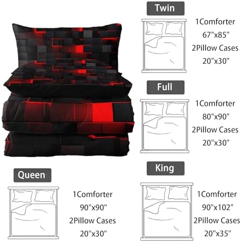 Neon Red Black Kids Comforter Set 3PCS Geometric Honeycomb Bedding